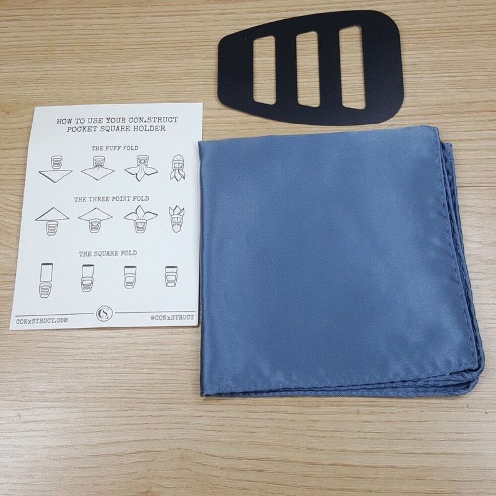 CON.STRUCT Mens Pocket Square Blue Satin + Holder Folder Tool Guide